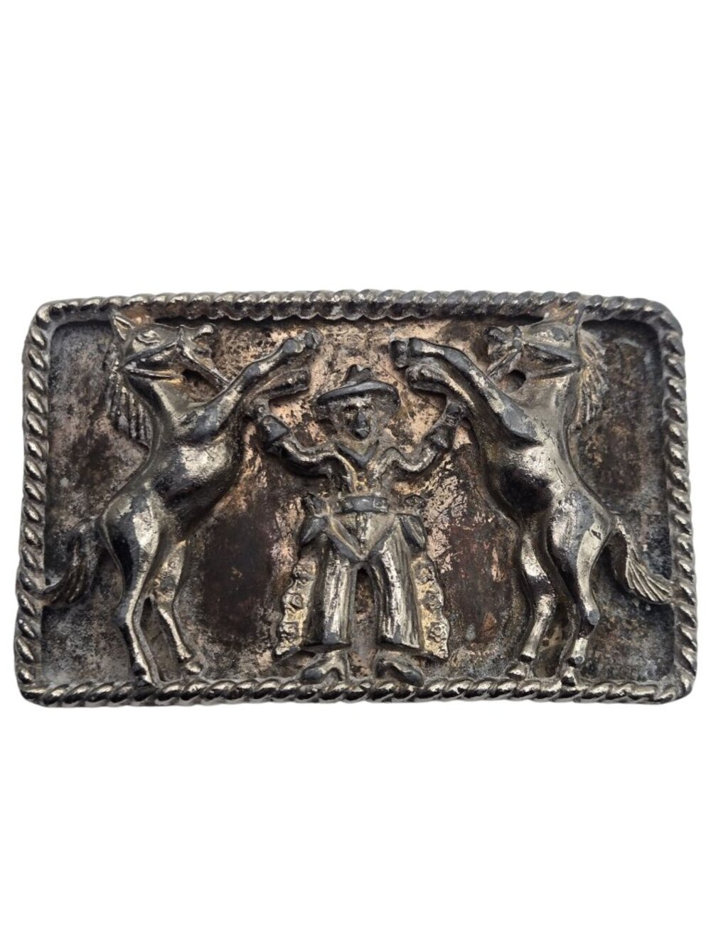 Vintage Western Cowboy Belt Buckle 2 Rearing Horses Country Distressed Rodeo